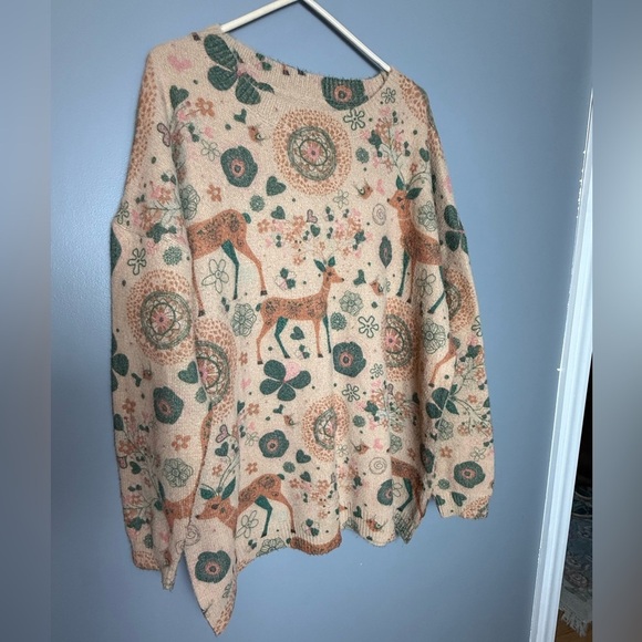 Wool Cotton Blend Forest Life Nature Sweater Womens Sz XXXL 28" PTP 30" Long - Picture 4 of 4